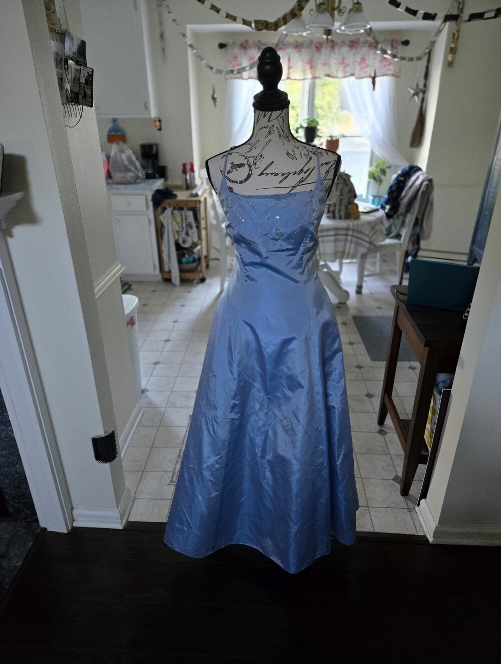 Blue Satin Spaghetti-Strap Evening Dress